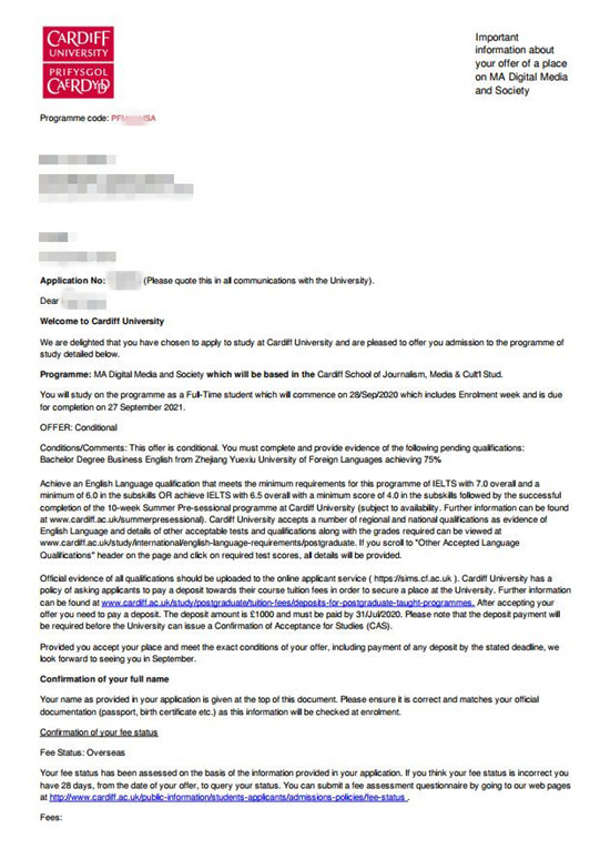 2020offer:恭喜孟同学获得卡迪夫大学(世界排名:154)数字媒体与社会