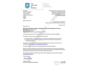 恭喜马同学获得谢菲尔德大学国际商务管理硕士通知书