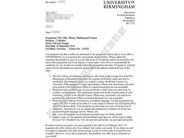 恭喜许同学获得伯明翰大学货币，银行与金融专业硕士通知书
