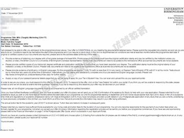 恭喜丁同学获得伯明翰大学市场营销专业硕士通知书
