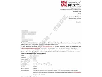 恭喜金同学获得布里斯托大学经济金融与管理专业硕士通知书