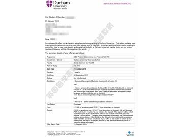 恭喜齐同学获得杜伦大学金融专业硕士通知书