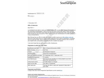 恭喜贾同学获得南安普顿大学金融与经济学专业硕士通知书