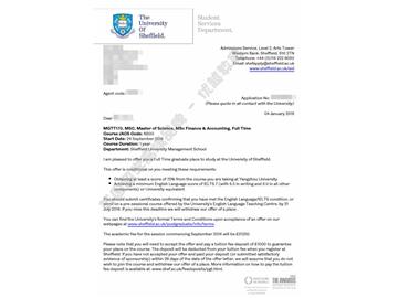 恭喜吴同学获得谢菲尔德大学金融与会计专业硕士通知书