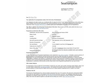 恭喜刘同学获得南安普敦大学会计与金融专业硕士通知书