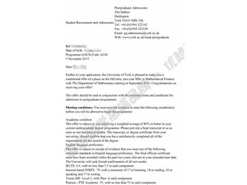 恭喜于同学获得约克大学数学金融专业硕士通知书