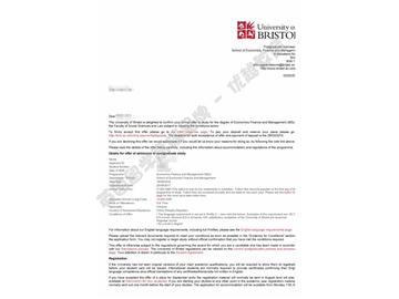 恭喜齐同学获得布里斯托大学经济金融与管理学专业硕士通知书