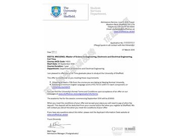 恭喜程同学获得谢菲尔德大学电子电气工程专业硕士通知书