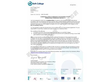 恭喜袁同学获得巴斯大学会计与金融专业本科通知书