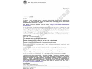 恭喜方同学获得爱丁堡大学对外英语教学专业硕士通知书