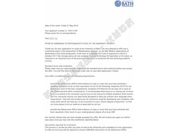 恭喜刘同学获得巴斯大学数学现代应用学专业硕士通知书