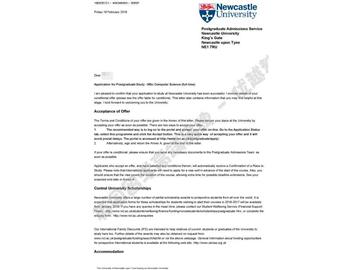 恭喜于同学获得纽卡斯尔大学计算机科学专业硕士通知书