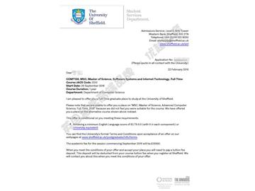 恭喜徐同学获得谢菲尔德大学软件系统与互联网技术专业硕士通知书