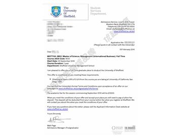 恭喜林同学获得谢菲尔德大学管理学专业硕士通知书