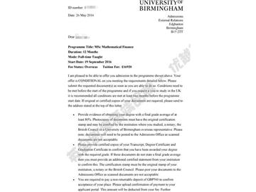 恭喜秦同学获得伯明翰大学数学金融专业硕士通知书