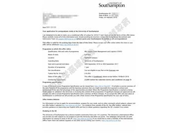 恭喜薛同学获得南安普顿大学供应链管理与物流专业硕士通知书