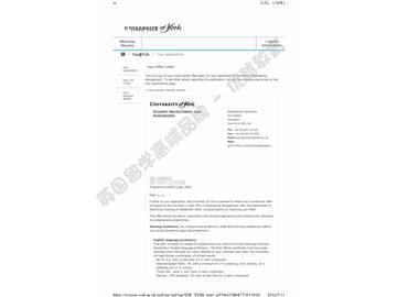 恭喜胡同学获得约克大学工程管理专业硕士通知书