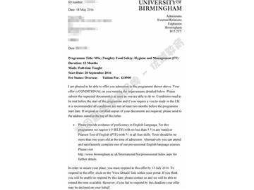 恭喜丁同学获得伯明翰大学食品安全：卫生与管理专业硕士通知书