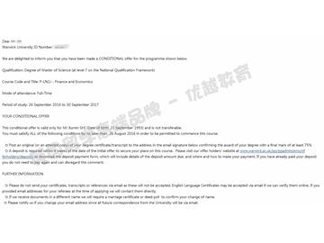 恭喜金同学获得华威大学金融与经济学专业硕士通知书
