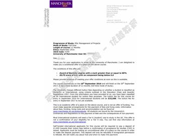 恭喜丁同学获得曼彻斯特大学项目管理专业硕士通知书
