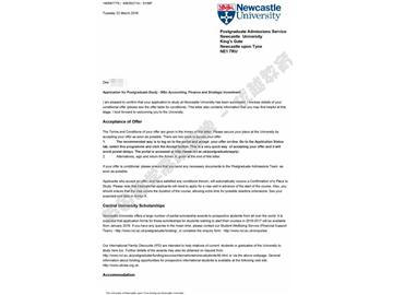  恭喜江同学获得纽卡斯尔大学会计金融与战略投资专业硕士通知书