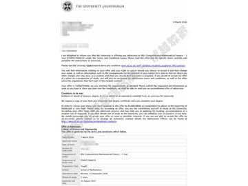  恭喜刘同学获得爱丁堡大学计算数学金融专业硕士通知书