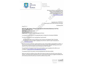   恭喜尹同学获得谢菲尔德大学管理学专业硕士通知书