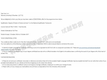 恭喜江同学获得华威大学食品安全专业硕士通知书