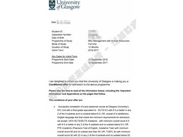 恭喜刘同学获得格拉斯哥大学人力资源管理专业硕士通知书