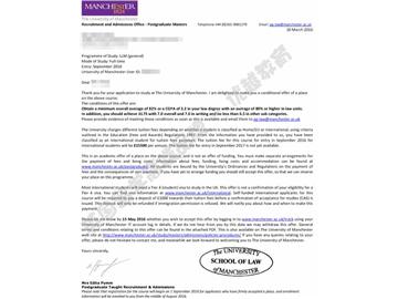  恭喜钱同学获得曼彻斯特大学法律专业硕士通知书