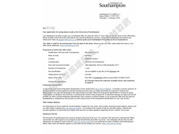  恭喜徐同学获得南安普顿大学金融学专业硕士通知书