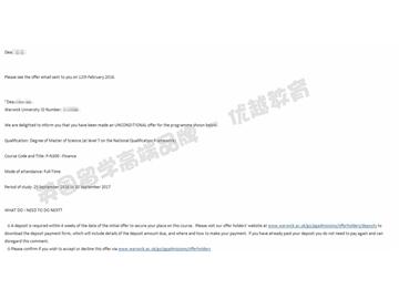 恭喜张同学获得华威大学金融学专业硕士通知书