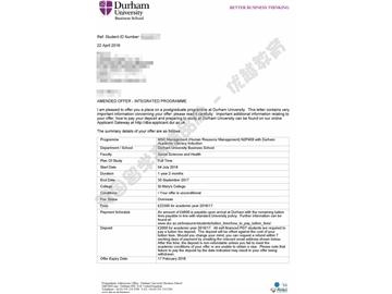   恭喜施同学获得杜伦大学人力资源管理专业硕士通知书