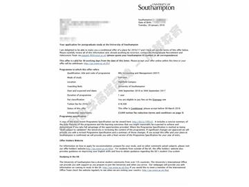 恭喜孙同学获得南安普顿大学会计与管理专业硕士通知书