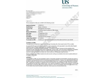 恭喜丁同学获得萨塞克斯大学管理与金融专业硕士通知书