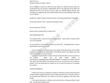 恭喜吴同学获得华威大学会计与金融专业硕士通知书