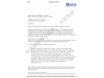 恭喜方同学获得巴斯大学建筑工程：环境设计专业硕士通知书