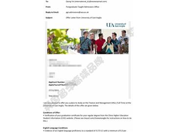  恭喜金同学获得东安格利亚大学金融与管理专业硕士通知书