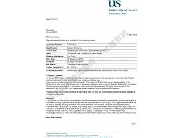 恭喜丁同学获得萨塞克斯大学全球供应链与物流管理专业硕士通知书
