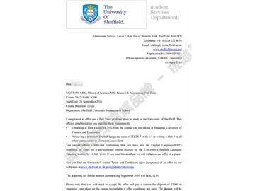  恭喜陆同学获得谢菲尔德大学金融与会计专业硕士通知书