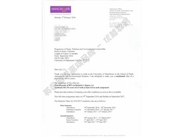 恭喜齐同学获得曼彻斯特大学污染与环境控制专业硕士通知书