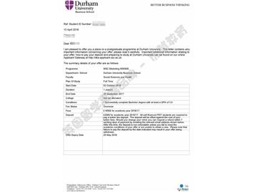 恭喜钱同学获得杜伦大学市场营销专业硕士通知书
