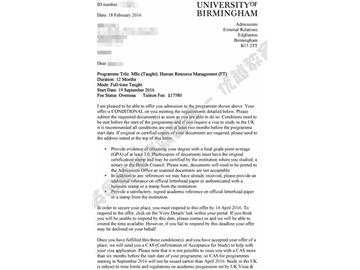 恭喜张同学获得伯明翰大学人力资源管理专业硕士通知