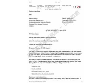  恭喜王同学获得华威大学管理学专业本科通知书