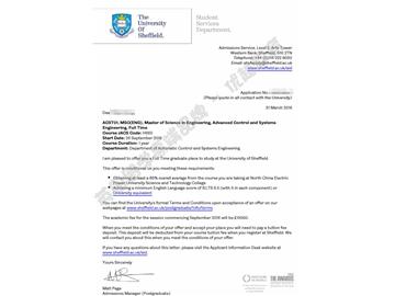 恭喜丁同学获得谢菲尔德大学自动化控制工程专业硕士通知书