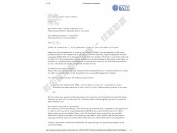 恭喜华同学获得巴斯大学对外英语教学专业硕士通知书