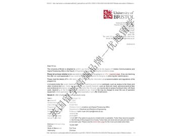 恭喜丁同学获得布里斯托大学无线通信与信号处理专业硕士通知