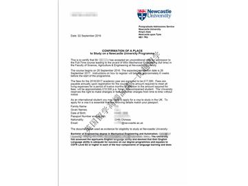   恭喜肖同学获得纽卡斯尔大学机械工程专业硕士通知书