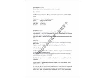 恭喜张同学获得卡迪夫大学药物化学专业硕士通知书