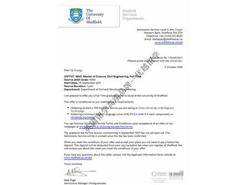 恭喜蔡同学获得谢菲尔德大学土木工程专业硕士通知书